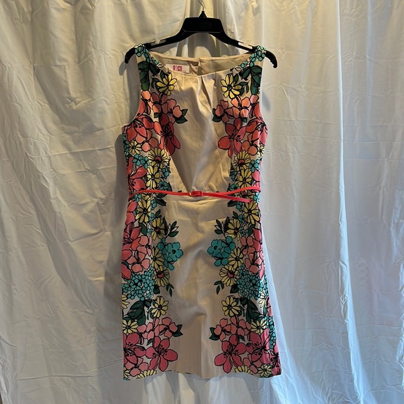 9 & Co Dresses & Skirts - Tan with teal, coral & yellow flowers dress with belt